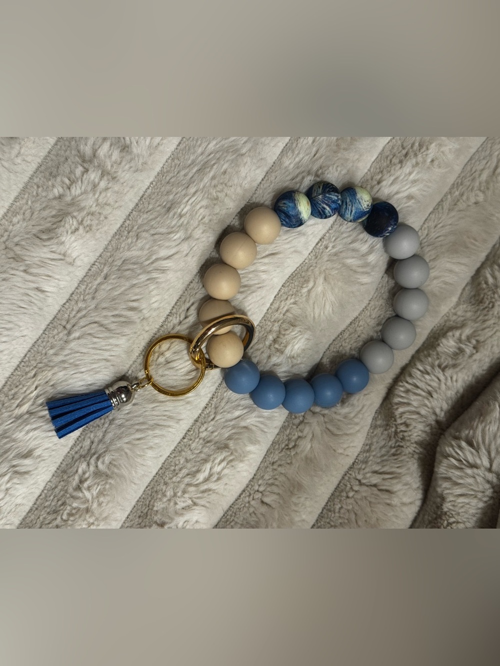 Beaded Blue & Cream Wristlet Keychain with Gold Hardware
